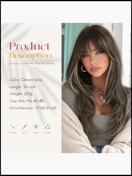 24 Inch Long Straight Layered Wig with Bangs Full Head Synthetic Heat Resistant main image 4
